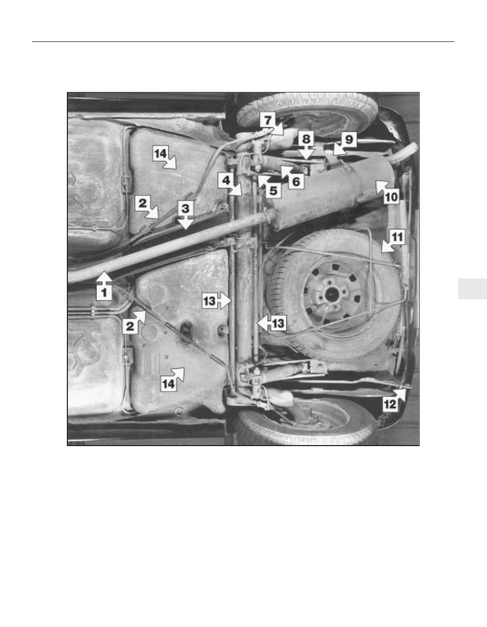 Maintenance - component location, Rear underside view of a 1360 cc gt model | Peugeot 205 User Manual | Page 23 / 249