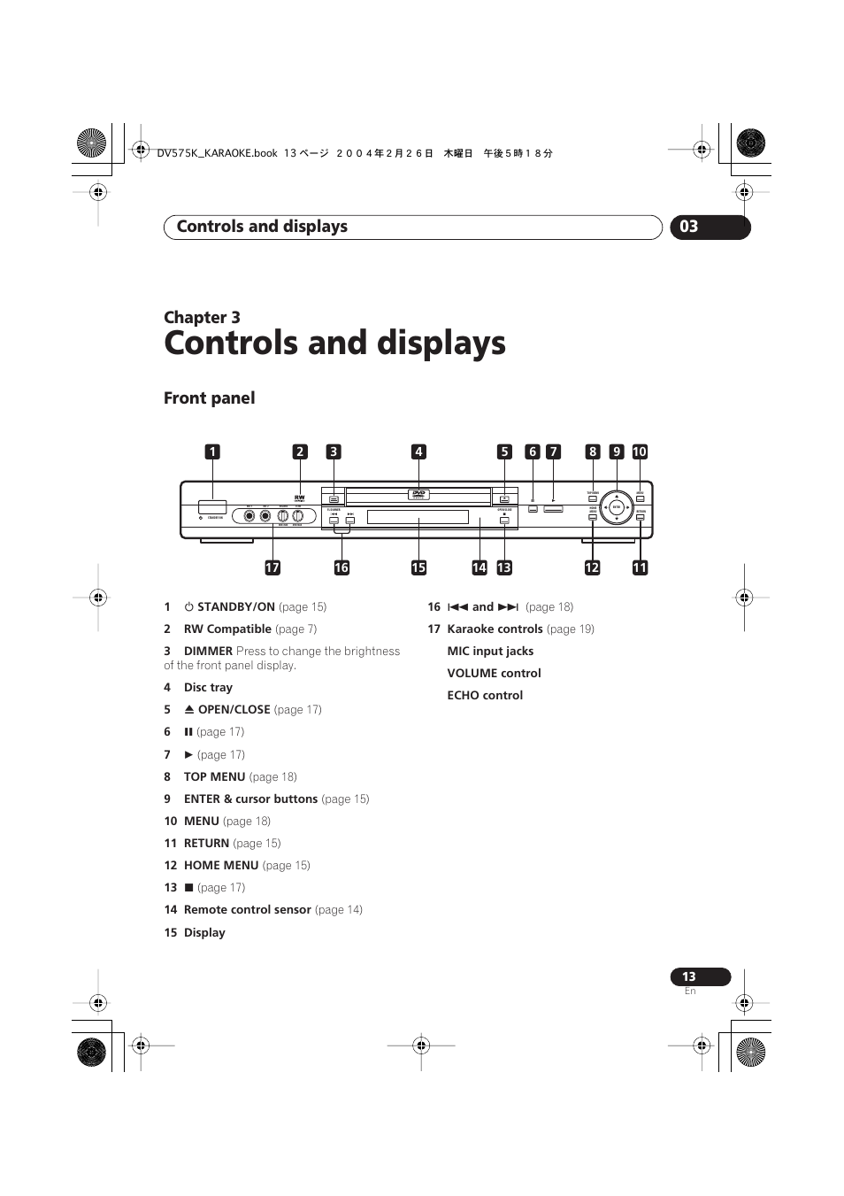 03 controls and displays, Front panel, Controls and displays | Controls and displays 03, Chapter 3 | Pioneer DV-575K-s User Manual | Page 13 / 43