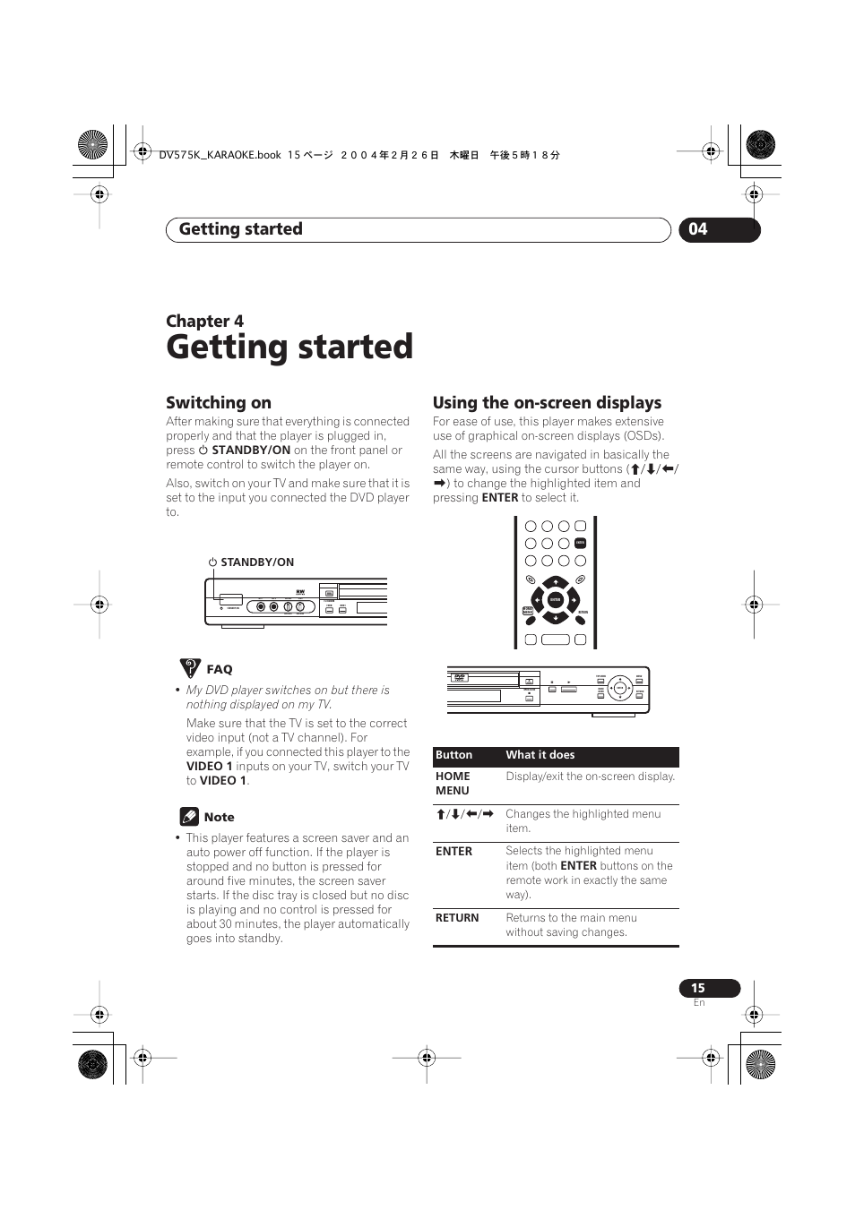 04 getting started, Switching on, Using the on-screen displays | Getting started, Getting started 04, Chapter 4 | Pioneer DV-575K-s User Manual | Page 15 / 43