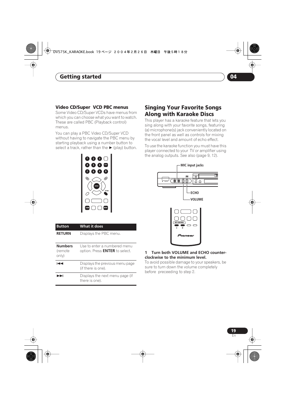 Getting started 04, Video cd/super vcd pbc menus | Pioneer DV-575K-s User Manual | Page 19 / 43