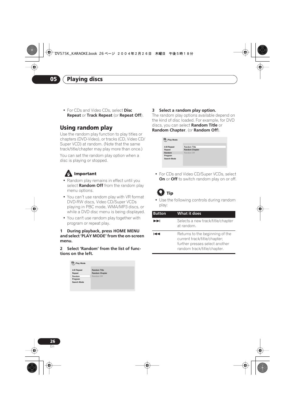 Using random play, Playing discs 05 | Pioneer DV-575K-s User Manual | Page 26 / 43