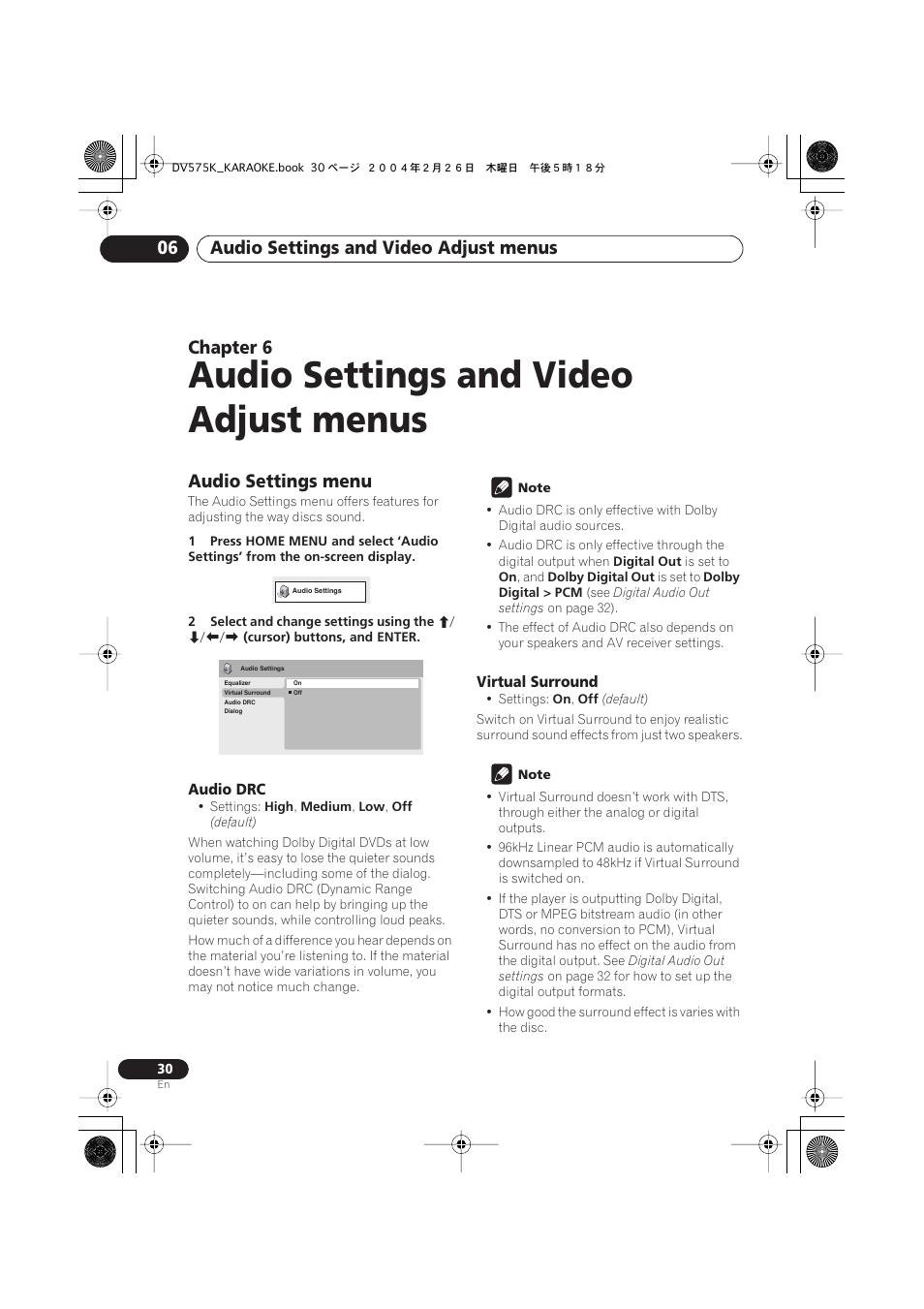 06 audio settings and video adjust menus, Audio settings menu, Audio settings and video adjust menus | Audio settings and video adjust menus 06, Chapter 6 | Pioneer DV-575K-s User Manual | Page 30 / 43