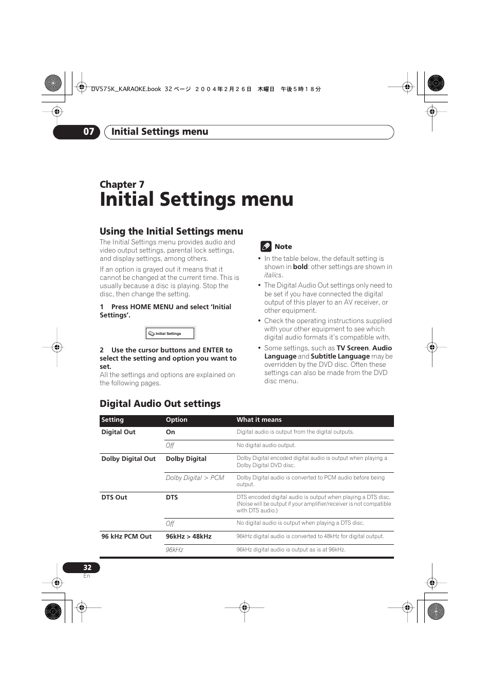 07 initial settings menu, Using the initial settings menu, Digital audio out settings | Initial settings menu, Initial settings menu 07, Chapter 7 | Pioneer DV-575K-s User Manual | Page 32 / 43