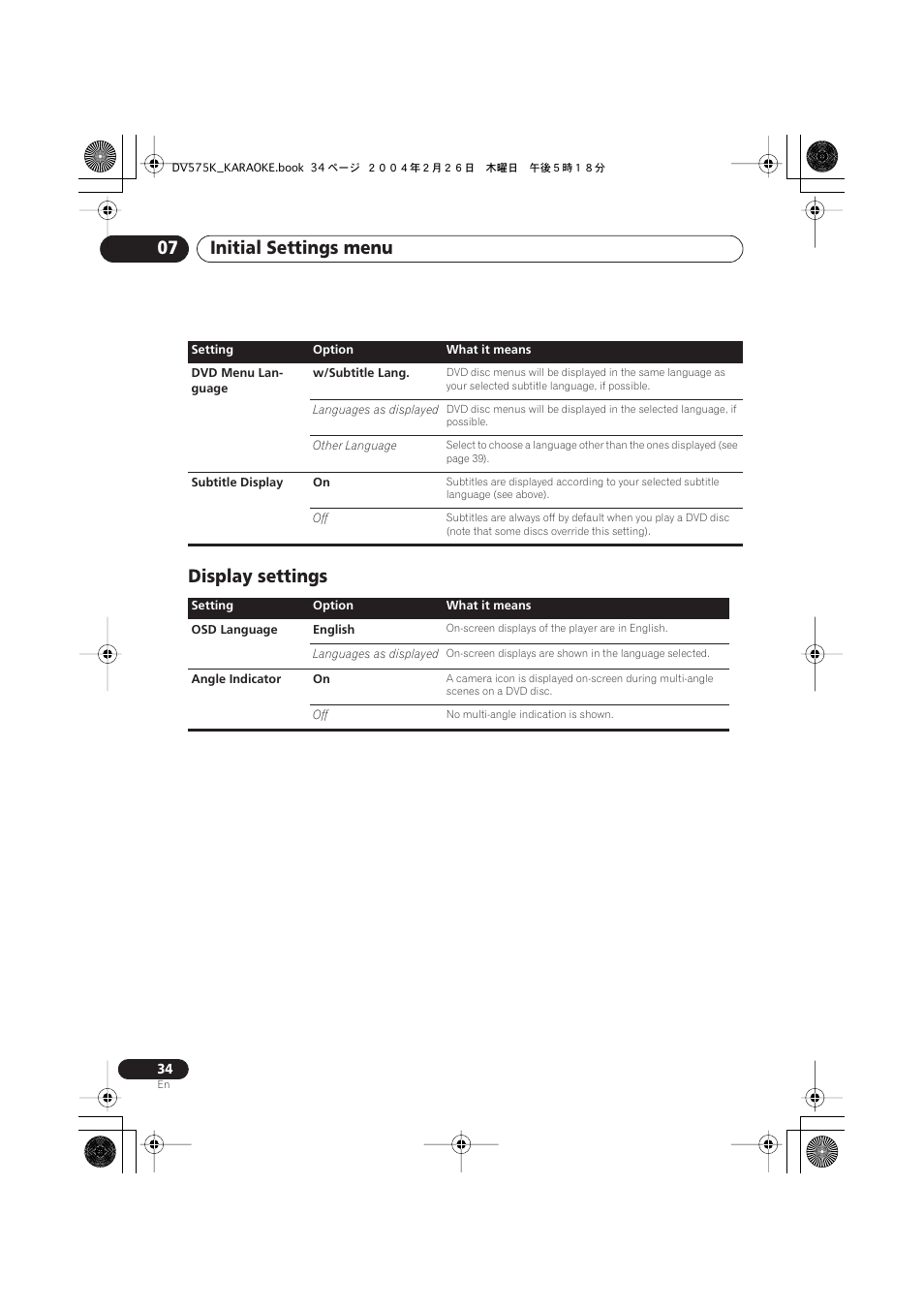 Display settings, Initial settings menu 07 | Pioneer DV-575K-s User Manual | Page 34 / 43
