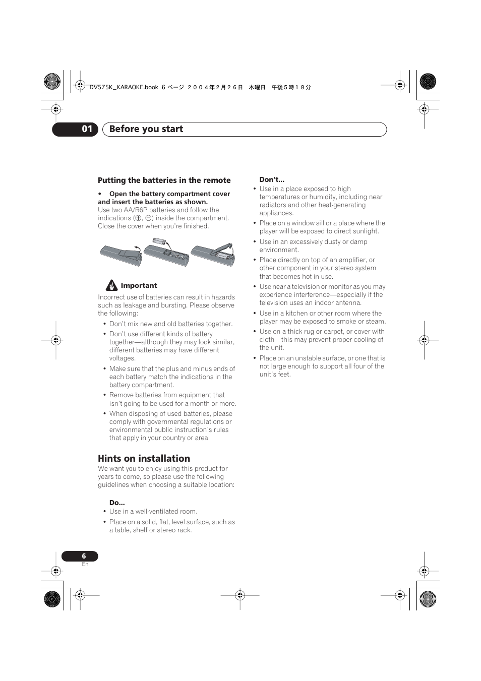 Hints on installation, Before you start 01 | Pioneer DV-575K-s User Manual | Page 6 / 43