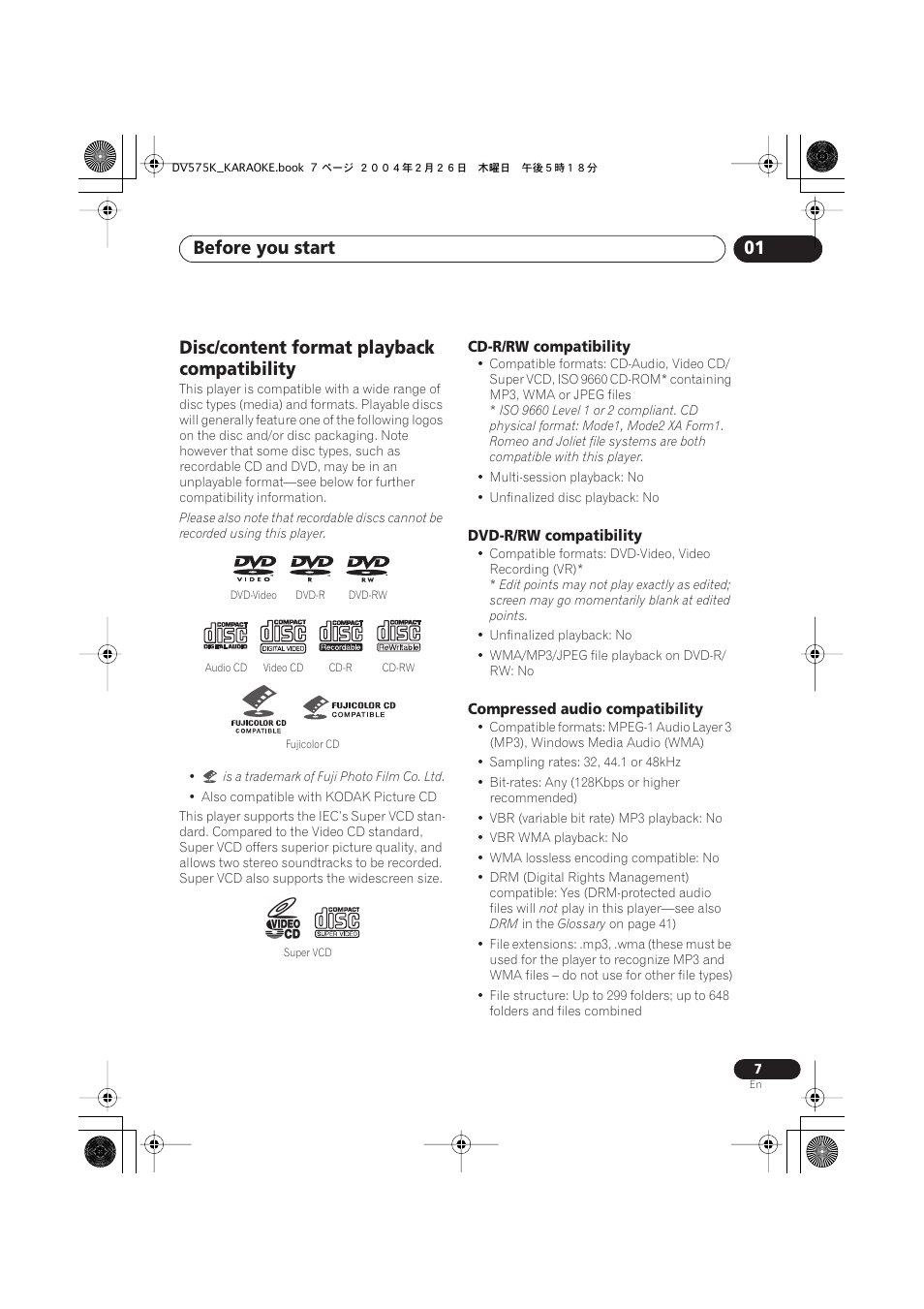 Disc/content format playback compatibility, Before you start 01 | Pioneer DV-575K-s User Manual | Page 7 / 43