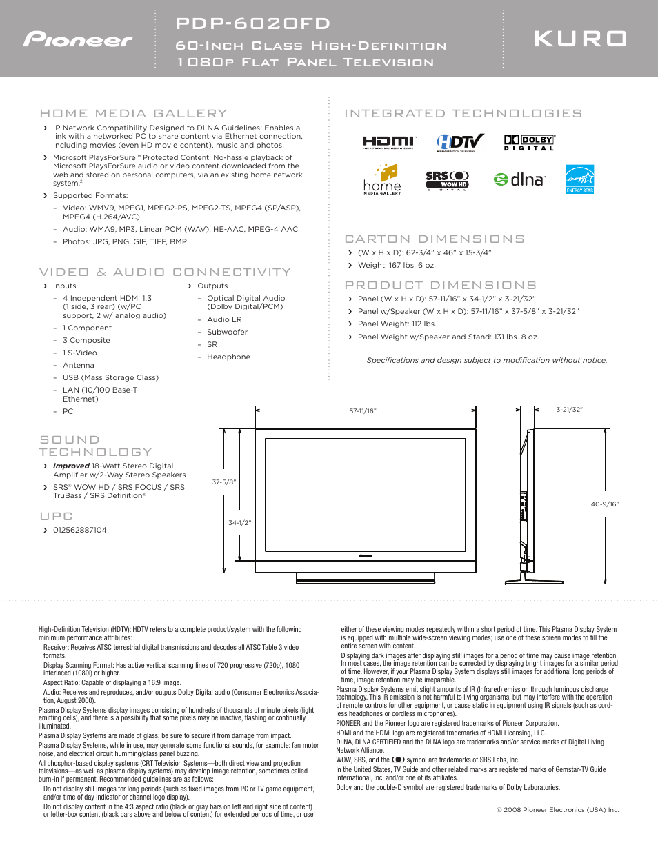 Pdp-6020fd, Carton dimensions, Product dimensions | Integrated technologies, Video & audio connectivity, Sound technology, Home media gallery | Pioneer KURO PDP 6020FD User Manual | Page 2 / 2