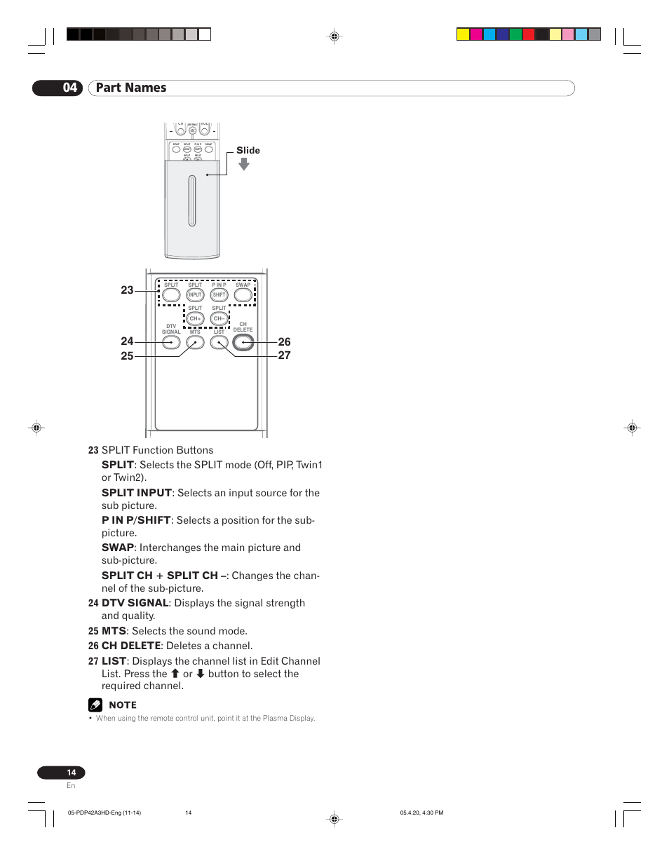 04 part names, Slide | Pioneer PDP-4214HD User Manual | Page 14 / 47