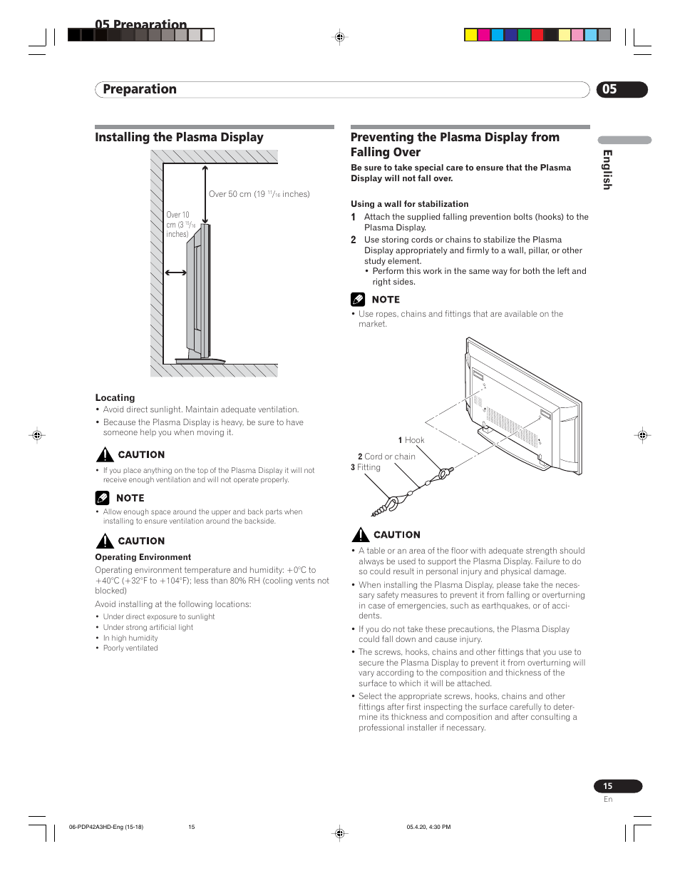 05 preparation, Installing the plasma display, Preventing the plasma display from falling over | English | Pioneer PDP-4214HD User Manual | Page 15 / 47