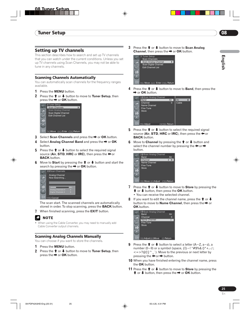 08 tuner setup, Setting up tv channels, English | Pioneer PDP-4214HD User Manual | Page 25 / 47