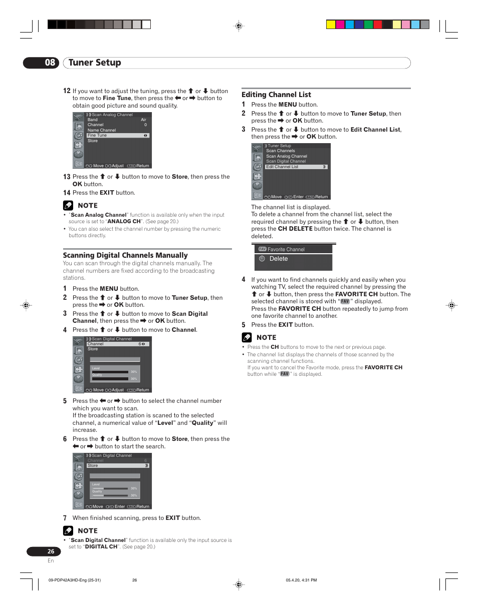 08 tuner setup, Editing channel list 1, Scanning digital channels manually | Pioneer PDP-4214HD User Manual | Page 26 / 47