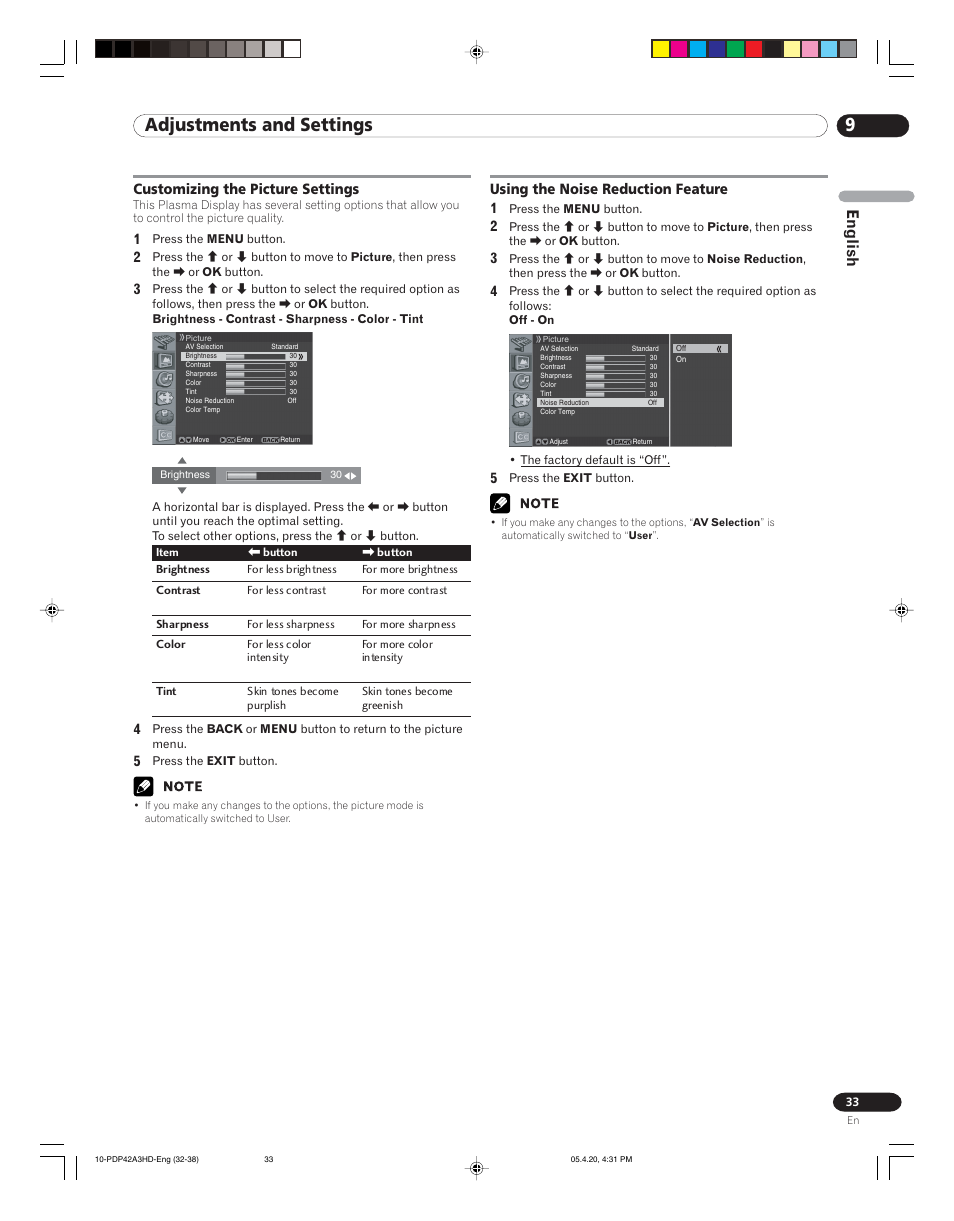 9adjustments and settings, English | Pioneer PDP-4214HD User Manual | Page 33 / 47