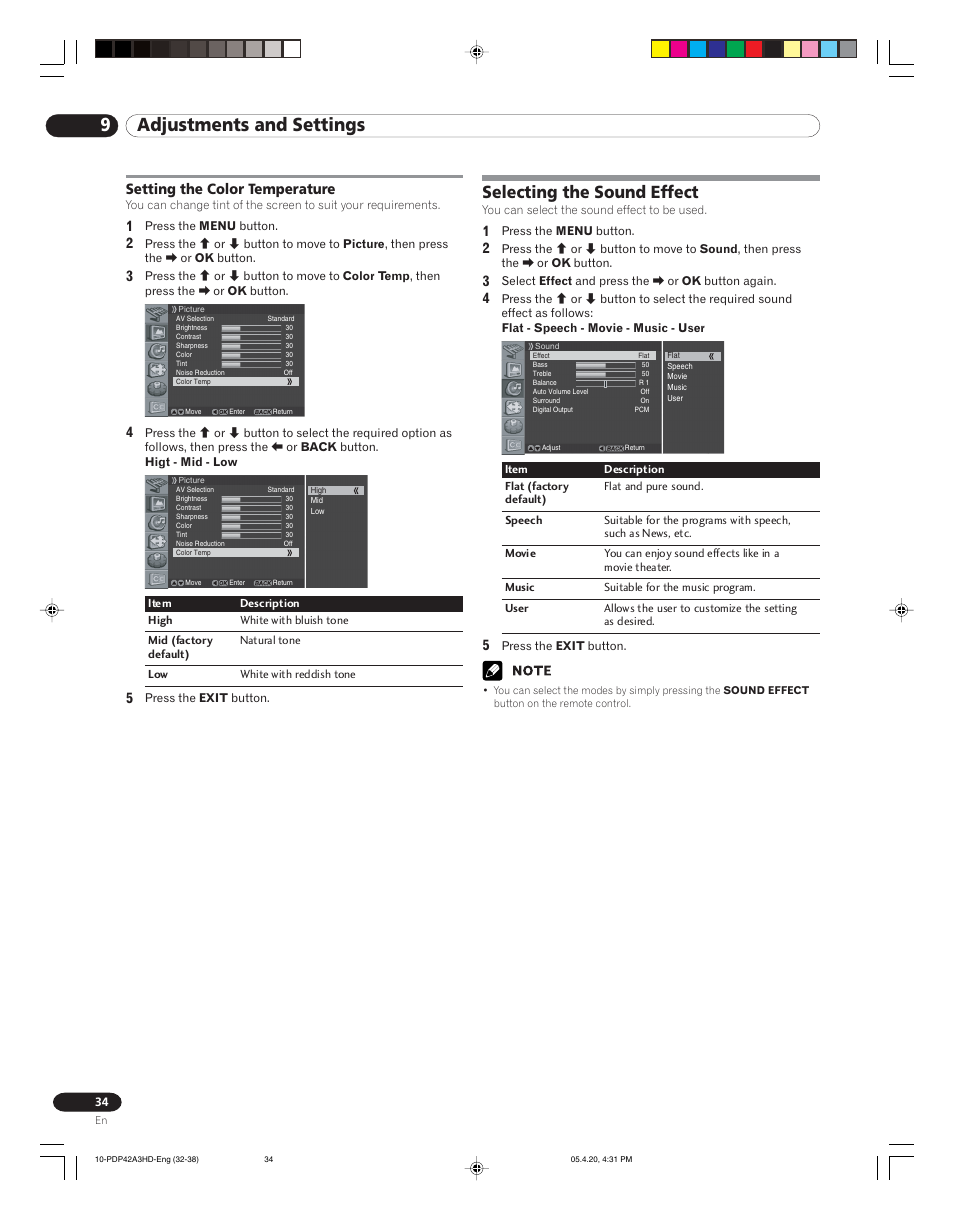 9adjustments and settings, Selecting the sound effect | Pioneer PDP-4214HD User Manual | Page 34 / 47