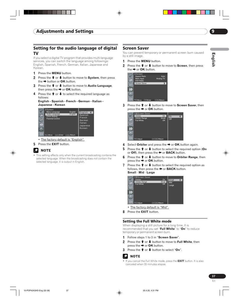 9adjustments and settings, Setting for the audio language of digital tv, Screen saver | English | Pioneer PDP-4214HD User Manual | Page 37 / 47