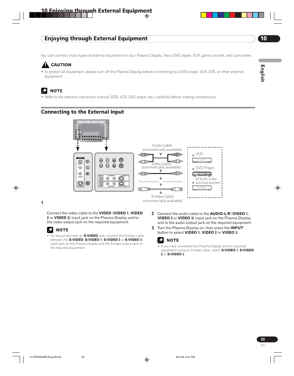 10 enjoying through external equipment, Connecting to the external input, English | Pioneer PDP-4214HD User Manual | Page 39 / 47