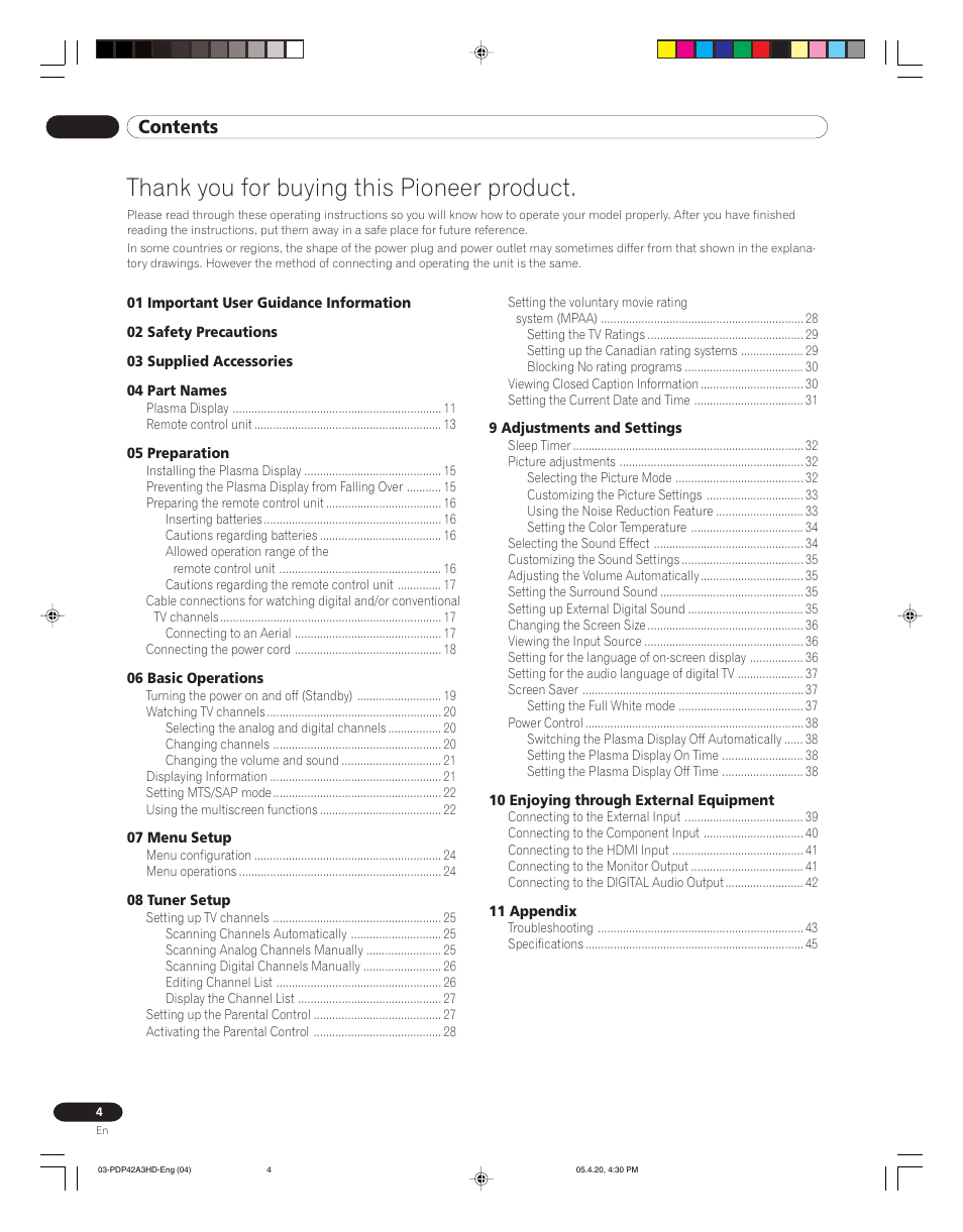 Pioneer PDP-4214HD User Manual | Page 4 / 47