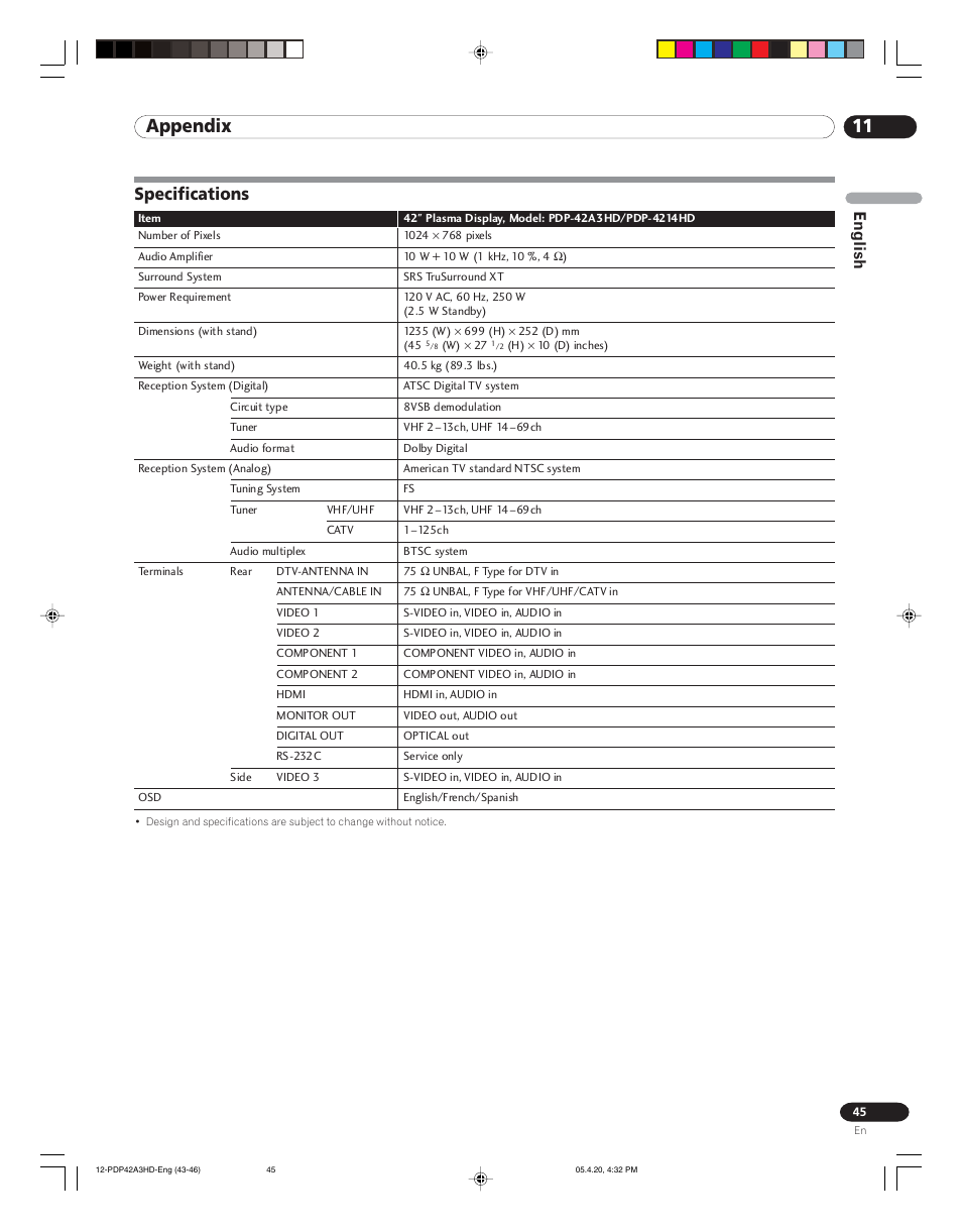 11 appendix, Specifications, English | Pioneer PDP-4214HD User Manual | Page 45 / 47