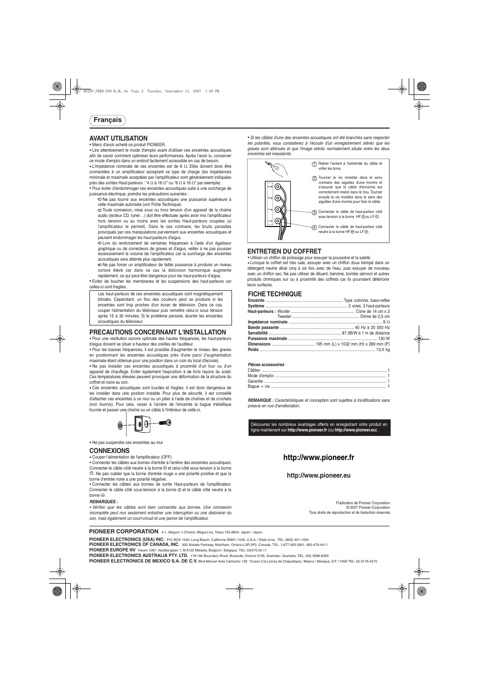 Français entretien du coffret, Avant utilisation, Precautions concernant l'installation | Connexions, Fiche technique | Pioneer S-H520V-W User Manual | Page 2 / 8