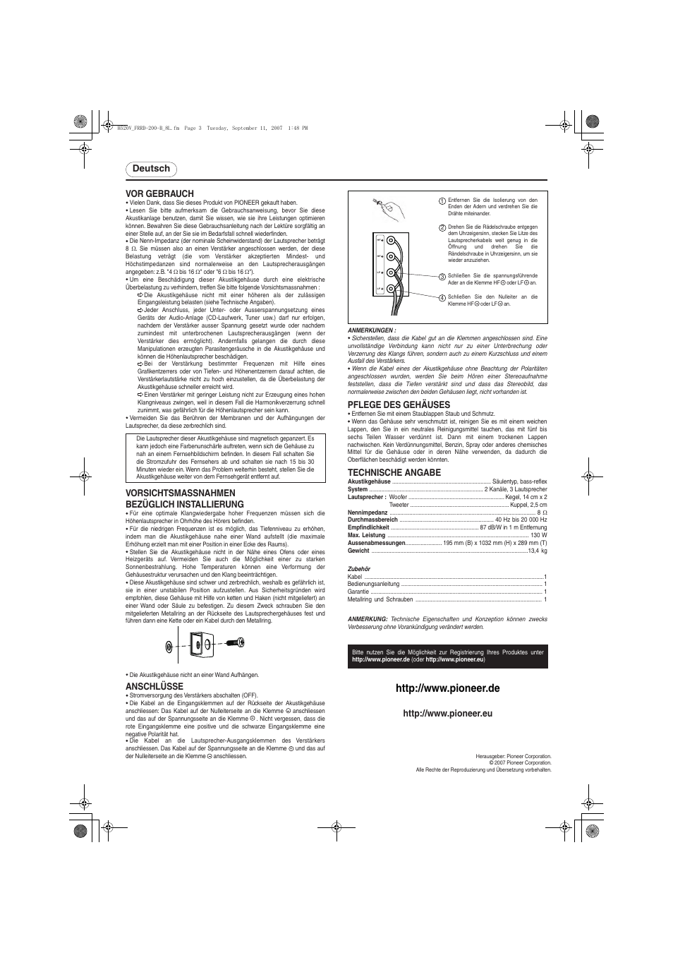 Deutsch vor gebrauch, Vorsichtsmassnahmen bezüglich installierung, Pflege des gehäuses | Anschlüsse, Technische angabe | Pioneer S-H520V-W User Manual | Page 3 / 8