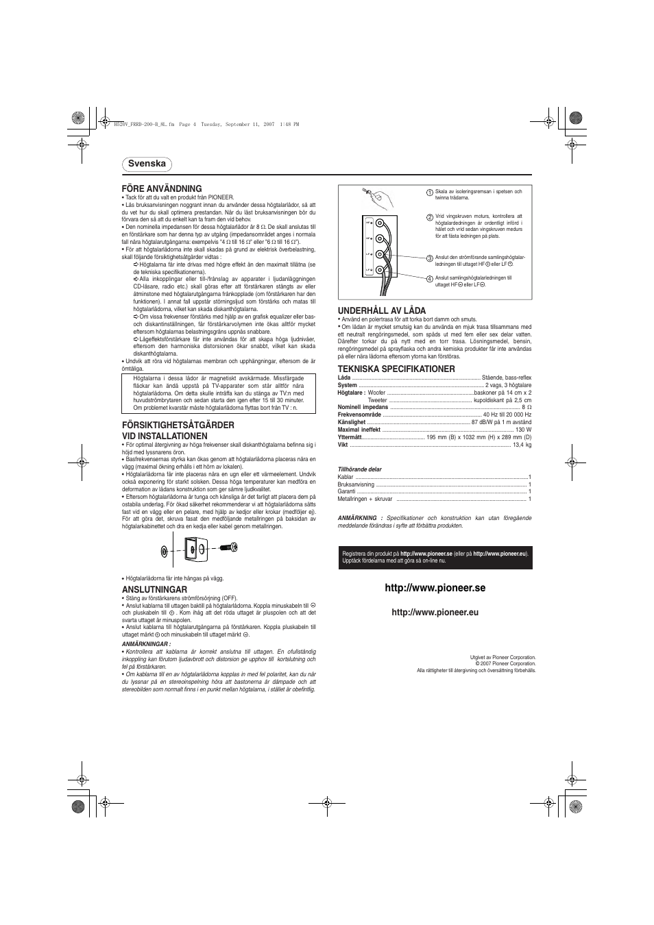 Svenska före användning, Försiktighetsåtgärder vid installationen, Underhåll av låda | Anslutningar, Tekniska specifikationer | Pioneer S-H520V-W User Manual | Page 4 / 8