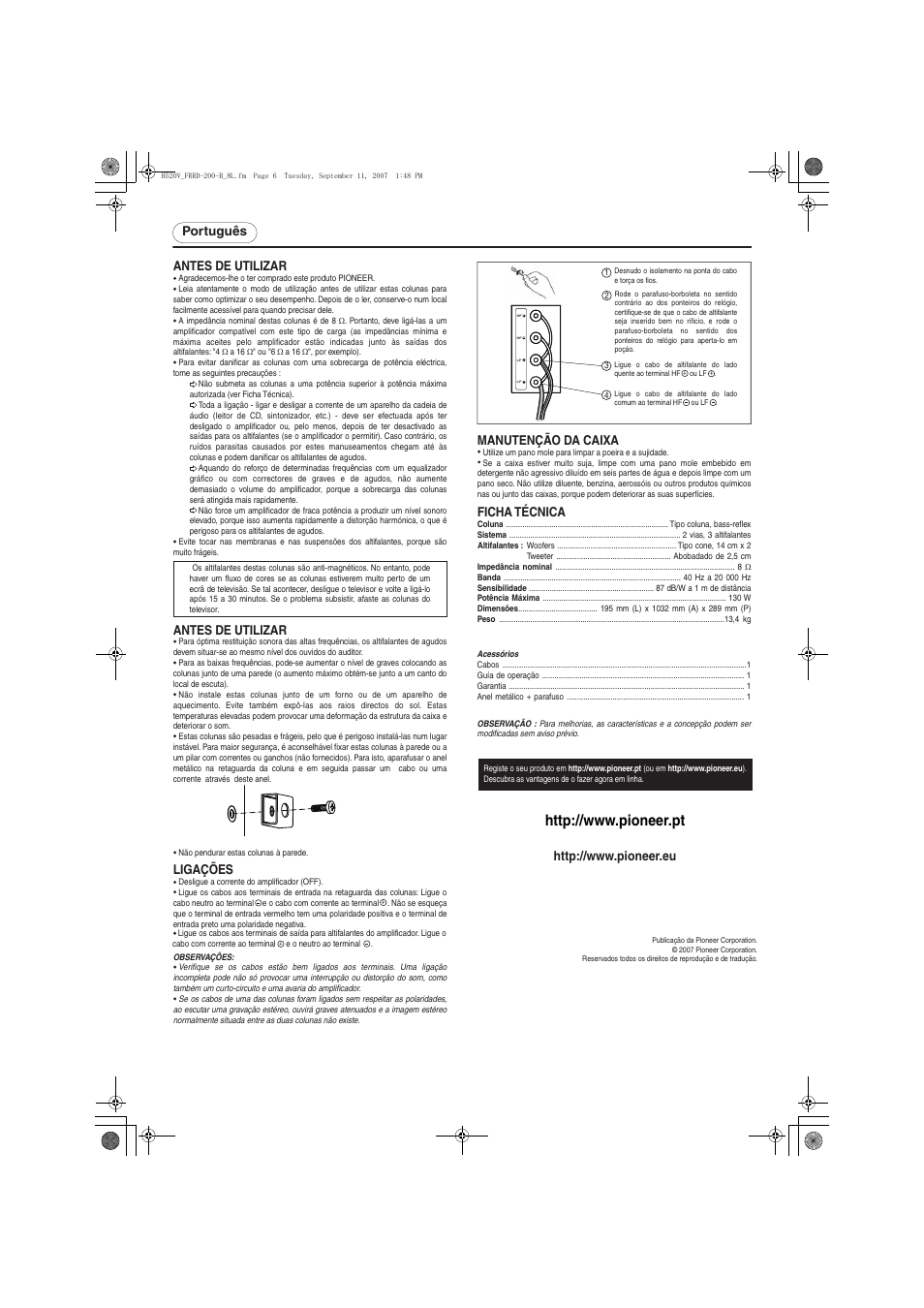 Português antes de utilizar, Antes de utilizar, Manutenção da caixa | Ligações, Ficha técnica | Pioneer S-H520V-W User Manual | Page 6 / 8