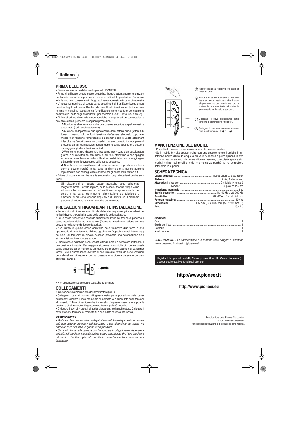 Italiano prima dell'uso, Manutenzione del mobile, Precauzioni riguardanti l'installazione | Collegamenti, Scheda tecnica | Pioneer S-H520V-W User Manual | Page 7 / 8