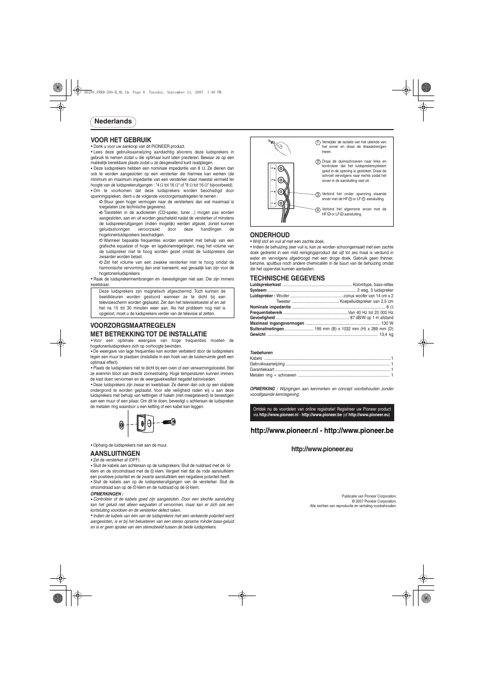 Nederlands voor het gebruik, Onderhoud, Aansluitingen | Technische gegevens | Pioneer S-H520V-W User Manual | Page 8 / 8