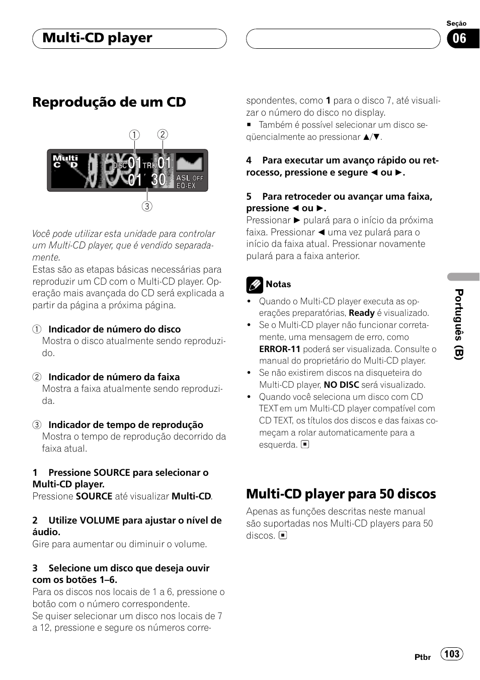 Multi-cd player, Reprodução de um cd 103, Multi-cd player para 50 discos 103 | Reprodução de um cd, Multi-cd player para 50 discos | Pioneer Super Tuner III D DEH-P6550 User Manual | Page 103 / 132