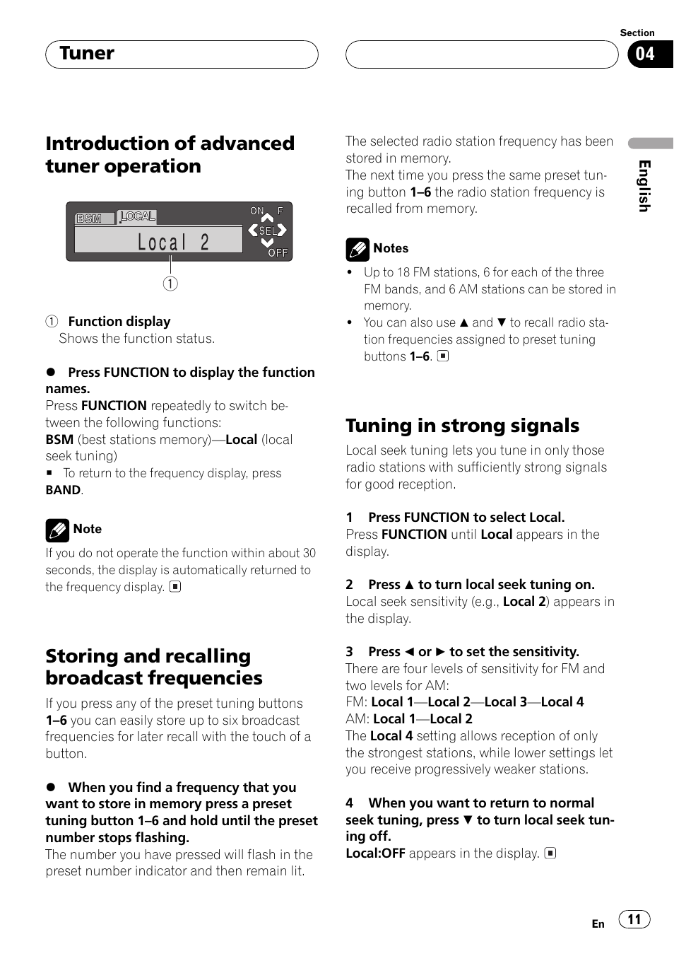 Introduction of advanced tuner, Operation 11, Storing and recalling broadcast | Frequencies 11, Tuning in strong signals 11, Introduction of advanced tuner operation, Storing and recalling broadcast frequencies, Tuning in strong signals, Tuner | Pioneer Super Tuner III D DEH-P6550 User Manual | Page 11 / 132