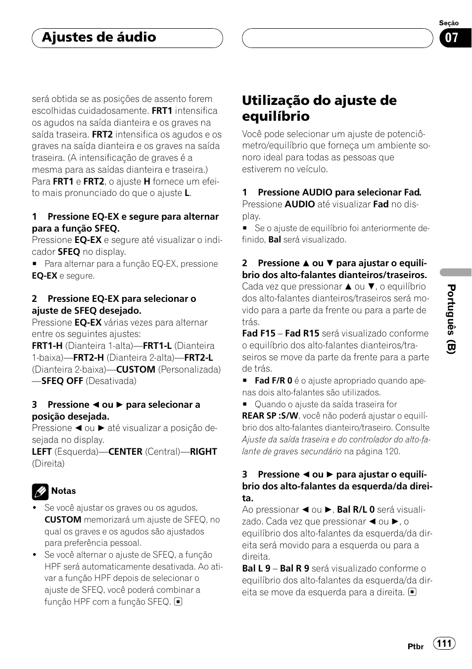 Utilização do ajuste de equilíbrio 111, Utilização do ajuste de equilíbrio, Ajustes de áudio | Pioneer Super Tuner III D DEH-P6550 User Manual | Page 111 / 132