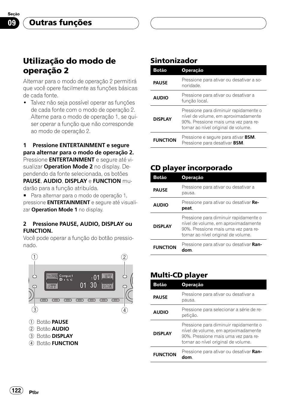 Outras funções, Utilização do modo de operação 2 122, Sintonizador 122 | Cd player incorporado 122, Multi-cd player 122, Utilização do modo de operação 2, Sintonizador, Cd player incorporado, Multi-cd player | Pioneer Super Tuner III D DEH-P6550 User Manual | Page 122 / 132