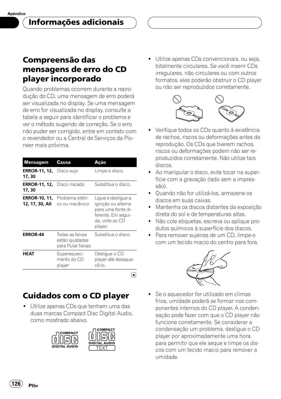 Informações adicionais, Compreensão das mensagens de erro do cd, Player incorporado 126 | Cuidados com o cd player 126, Cuidados com o cd player | Pioneer Super Tuner III D DEH-P6550 User Manual | Page 126 / 132