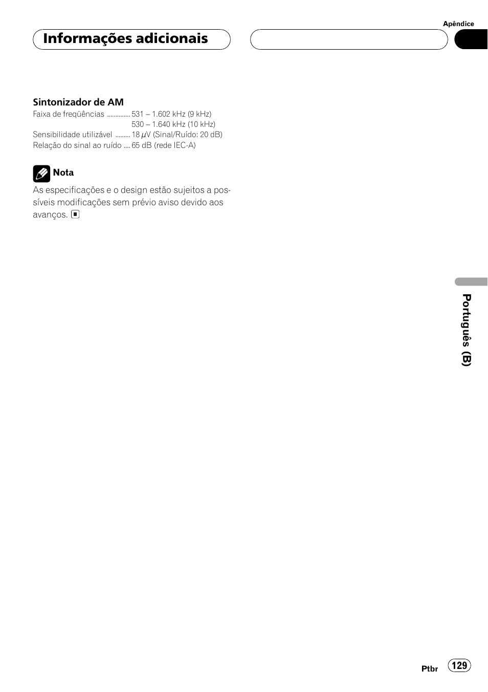 Informações adicionais | Pioneer Super Tuner III D DEH-P6550 User Manual | Page 129 / 132
