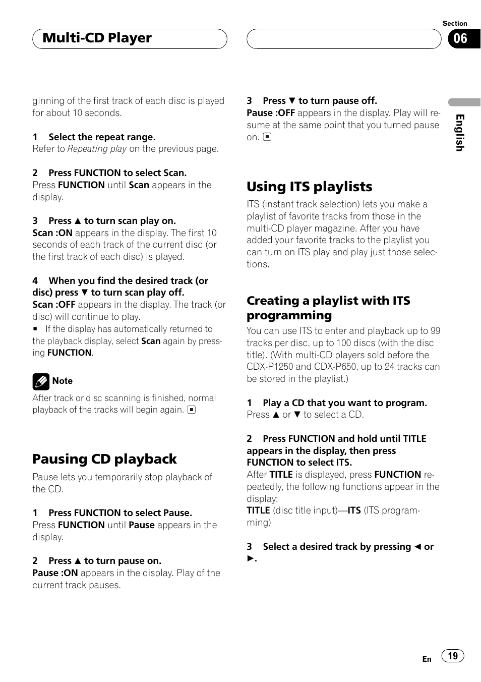 Pausing cd playback 19 using itsplaylists 19, Creating a playlist with its, Programming 19 | Pausing cd playback, Using its playlists, Multi-cd player | Pioneer Super Tuner III D DEH-P6550 User Manual | Page 19 / 132