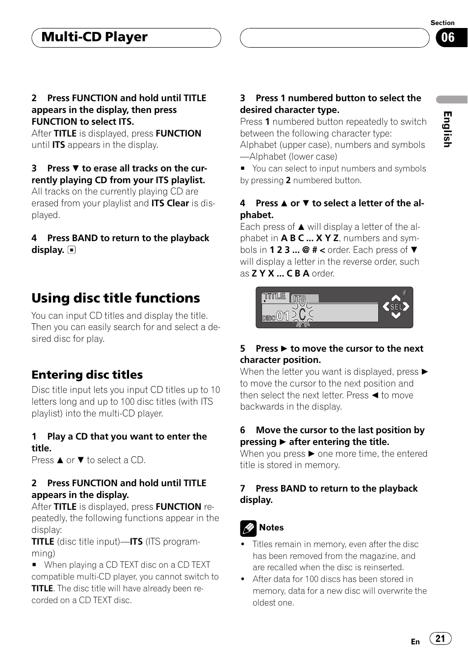 Using disc title functions 21, Entering disc titles 21, Using disc title functions | Multi-cd player, Entering disc titles | Pioneer Super Tuner III D DEH-P6550 User Manual | Page 21 / 132