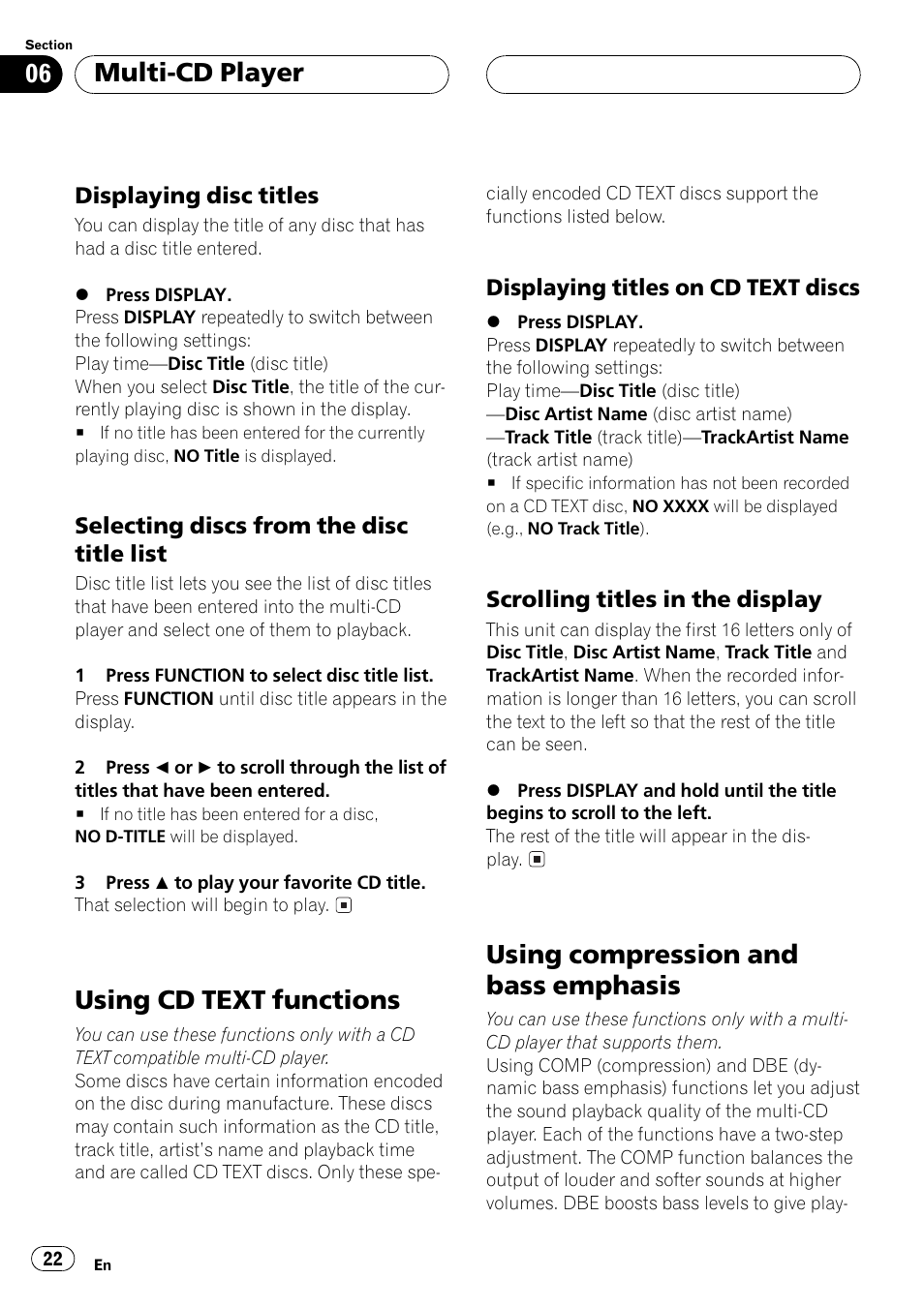 Displaying disc titles 22, Selecting discs from the disc title, List 22 | Using cd text functions 22, Displaying titles on cd text, Discs 22, Scrolling titles in the display 22, Using compression and bass emphasis 22, Using cd text functions, Using compression and bass emphasis | Pioneer Super Tuner III D DEH-P6550 User Manual | Page 22 / 132