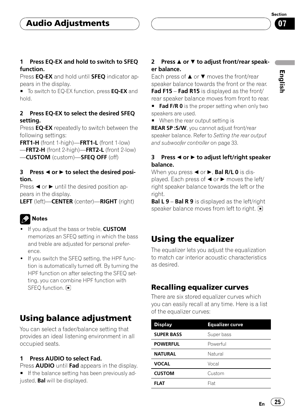 Using balance adjustment 25 using the equalizer 25, Recalling equalizer curves 25, Using balance adjustment | Using the equalizer, Audio adjustments, Recalling equalizer curves | Pioneer Super Tuner III D DEH-P6550 User Manual | Page 25 / 132