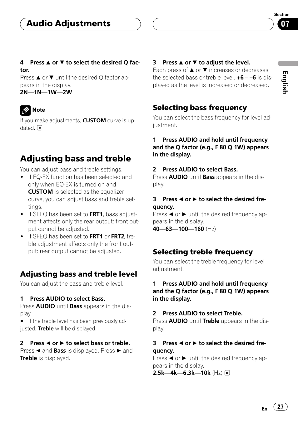 Adjusting bass and treble 27, Adjusting bass and treble level 27, Selecting bass frequency 27 | Selecting treble frequency 27, Adjusting bass and treble, Audio adjustments, Adjusting bass and treble level, Selecting bass frequency, Selecting treble frequency | Pioneer Super Tuner III D DEH-P6550 User Manual | Page 27 / 132