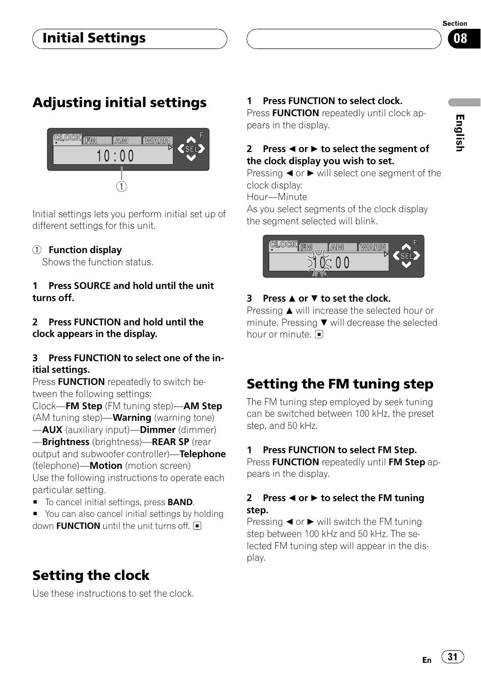 Adjusting initial settings, Setting the clock, Setting the fm tuning step | Initial settings | Pioneer Super Tuner III D DEH-P6550 User Manual | Page 31 / 132