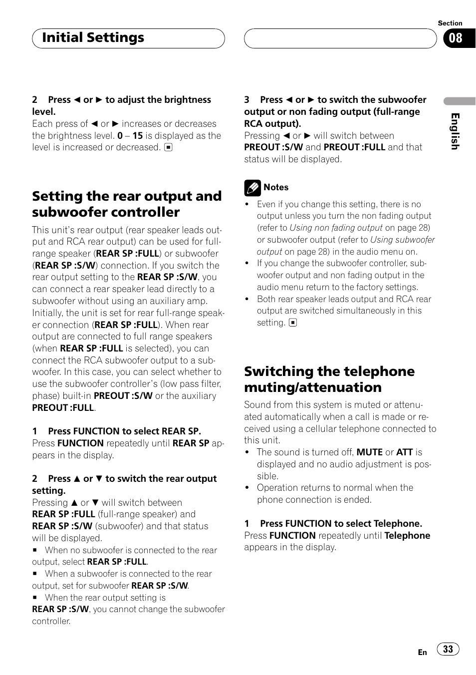 Setting the rear output and subwoofer, Controller 33, Switching the telephone muting | Attenuation 33, Setting the rear output and subwoofer controller, Switching the telephone muting/attenuation, Initial settings | Pioneer Super Tuner III D DEH-P6550 User Manual | Page 33 / 132