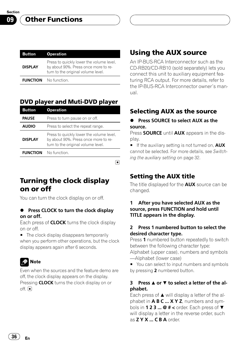 Dvd player and muti-dvd player 36, Selecting aux as the source 36, Setting the aux title 36 | Turning the clock display on or off, Using the aux source, Other functions, Dvd player and muti-dvd player, Selecting aux as the source, Setting the aux title | Pioneer Super Tuner III D DEH-P6550 User Manual | Page 36 / 132