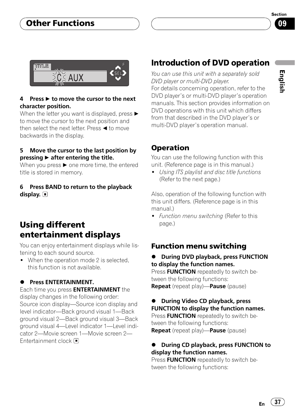 Operation 37, Function menu switching 37, Using different entertainment displays | Introduction of dvd operation, Other functions | Pioneer Super Tuner III D DEH-P6550 User Manual | Page 37 / 132