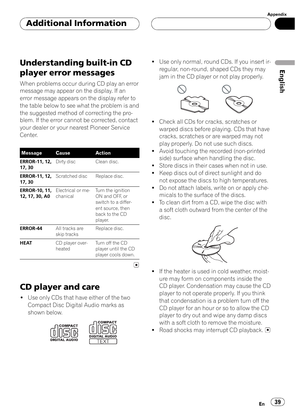 Messages 39, Cd player and care 39, Understanding built-in cd player error messages | Cd player and care, Additional information | Pioneer Super Tuner III D DEH-P6550 User Manual | Page 39 / 132