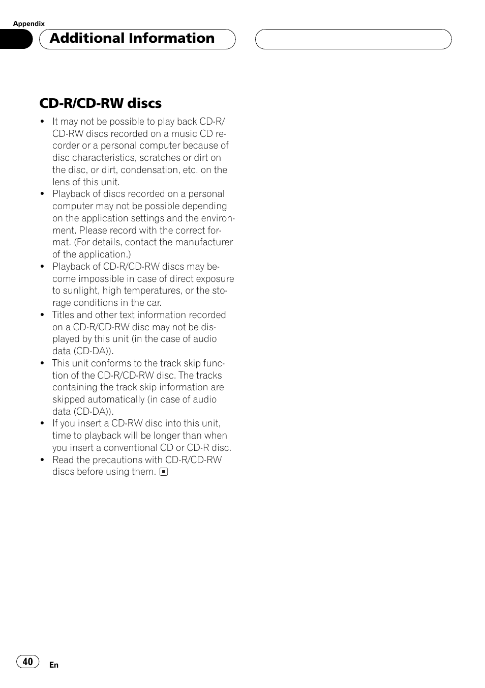 Cd-r/cd-rw discs 40, Cd-r/cd-rwdiscs, Additional information | Pioneer Super Tuner III D DEH-P6550 User Manual | Page 40 / 132