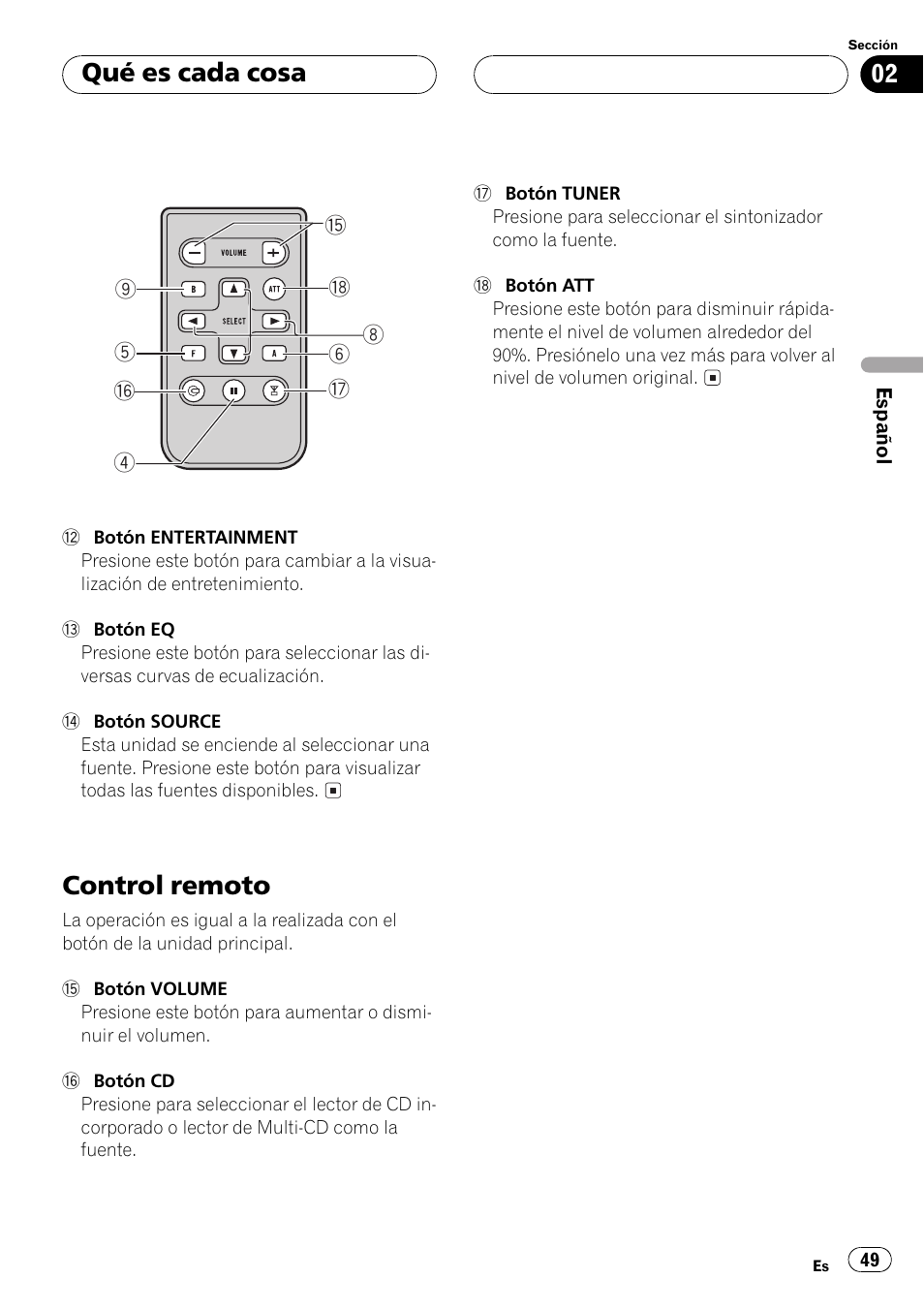 Control remoto 49, Control remoto, Qué es cada cosa | Pioneer Super Tuner III D DEH-P6550 User Manual | Page 49 / 132