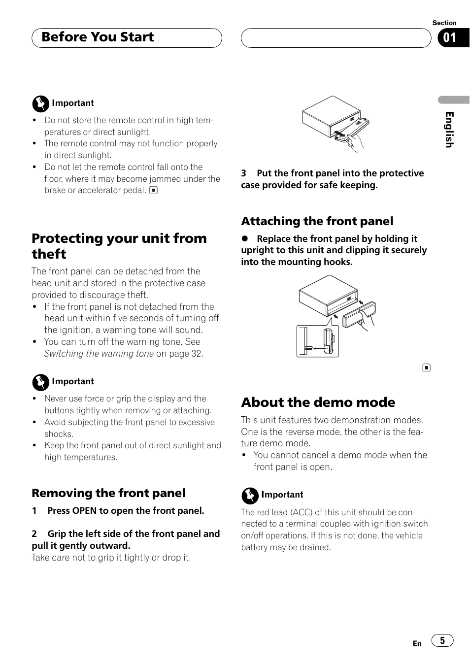 Protecting your unit from theft 5, Removing the front panel 5, Attaching the front panel 5 | About the demo mode 5, Protecting your unit from theft, About the demo mode, Before you start | Pioneer Super Tuner III D DEH-P6550 User Manual | Page 5 / 132