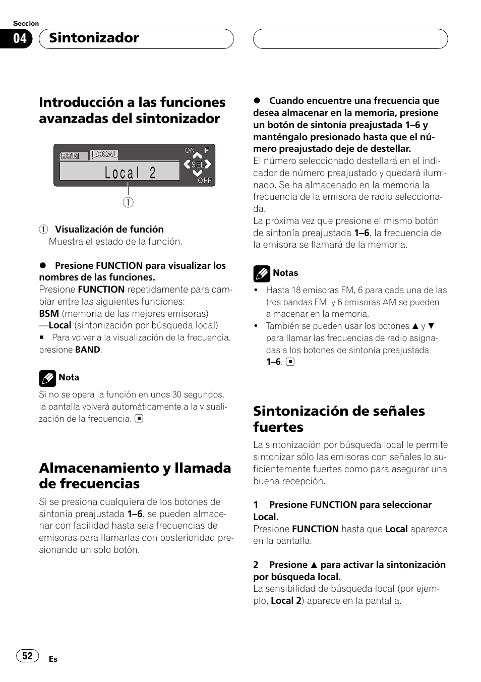 Introducción a las funciones avanzadas del, Sintonizador 52, Almacenamiento y llamada de | Frecuencias 52, Sintonización de señales fuertes 52, Almacenamiento y llamada de frecuencias, Sintonización de señales fuertes, Sintonizador | Pioneer Super Tuner III D DEH-P6550 User Manual | Page 52 / 132