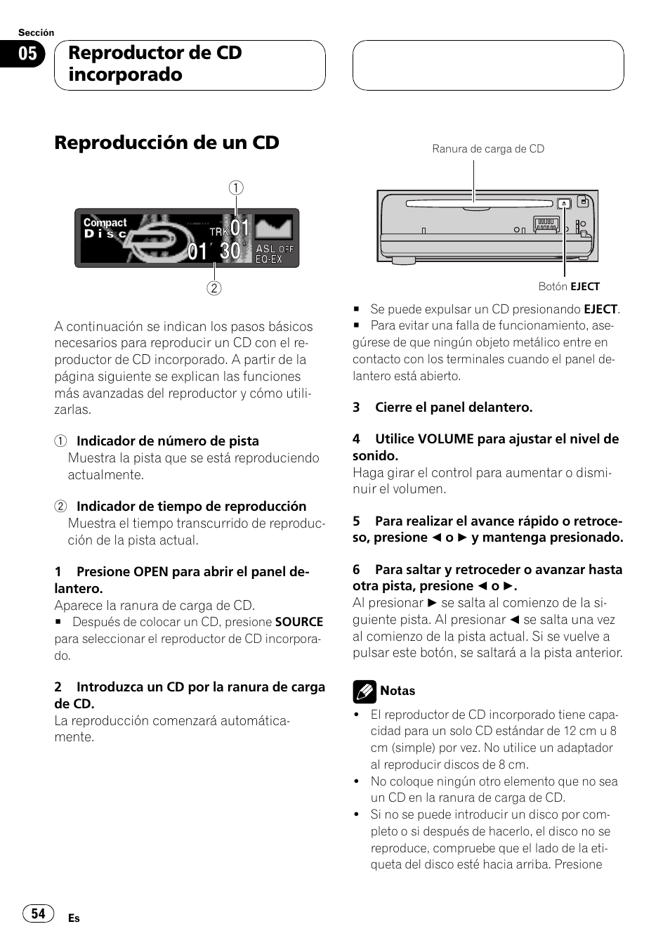 Reproductor de cd incorporado, Reproducción de un cd 54, Reproducción de un cd | Pioneer Super Tuner III D DEH-P6550 User Manual | Page 54 / 132