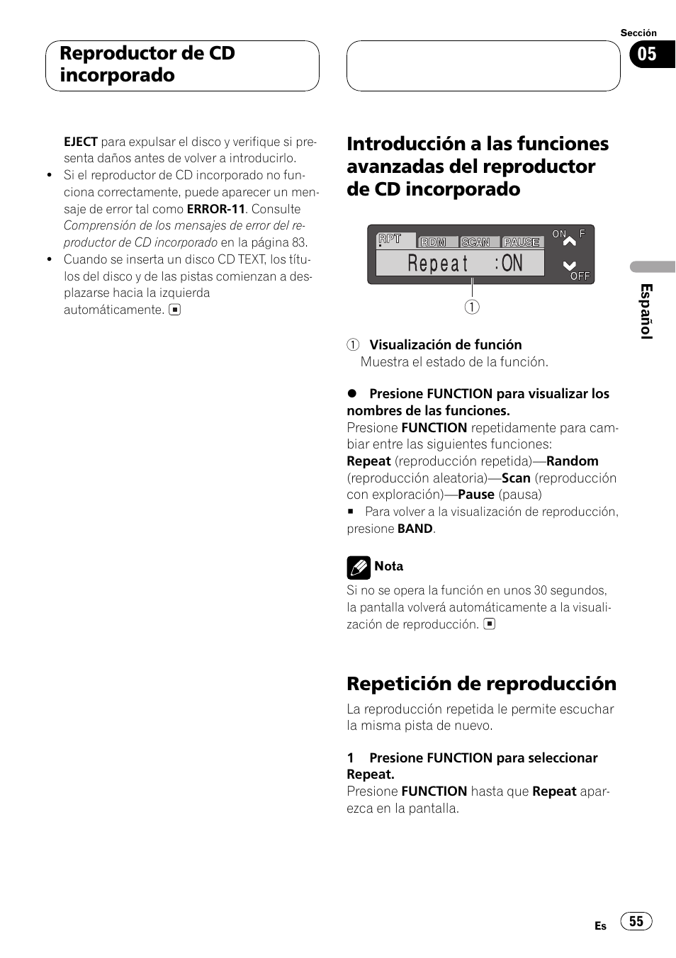 Introducción a las funciones avanzadas del, Reproductor de cd incorporado 55, Repetición de reproducción 55 | Repetición de reproducción, Reproductor de cd incorporado | Pioneer Super Tuner III D DEH-P6550 User Manual | Page 55 / 132