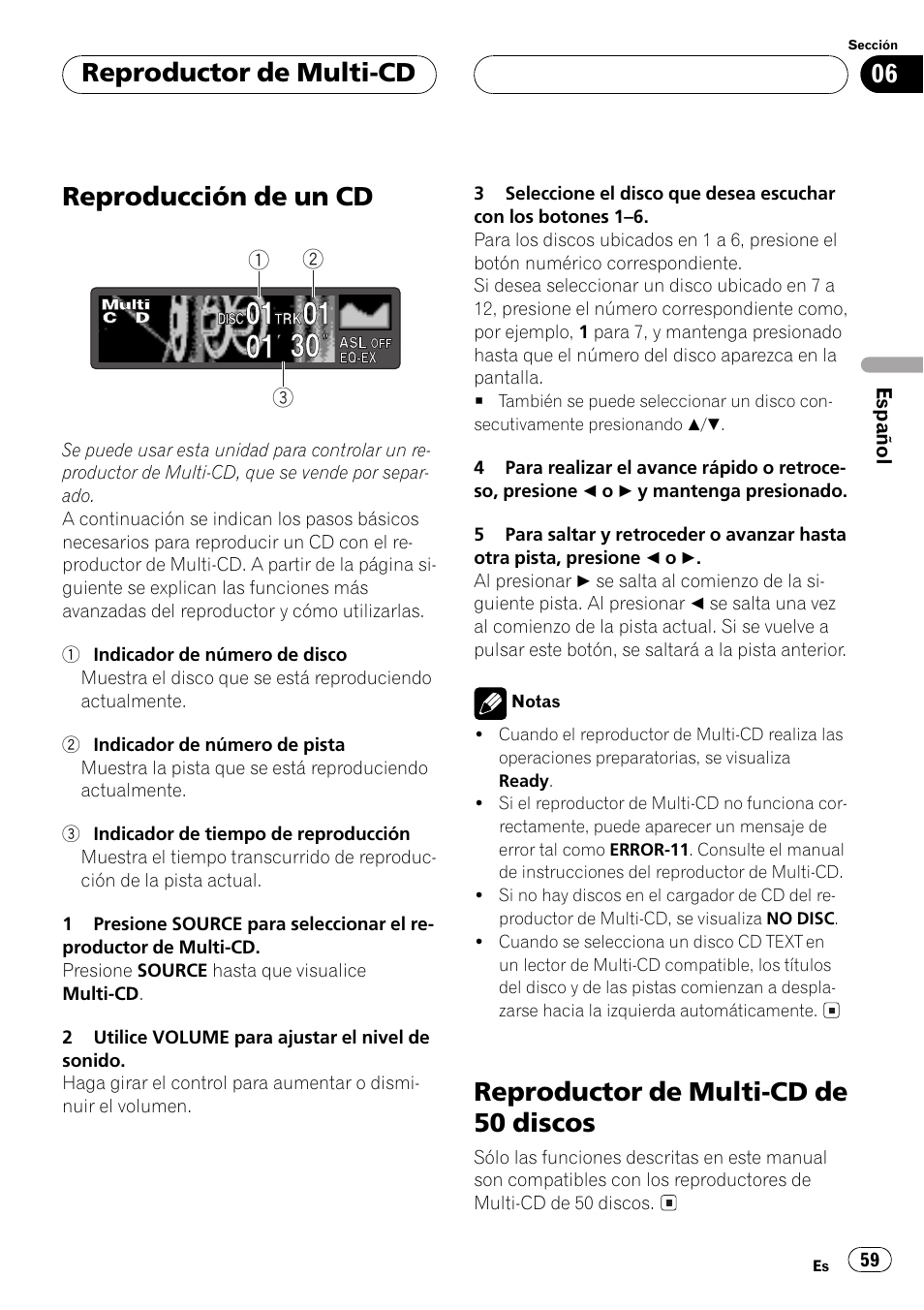 Reproductor de multi-cd, Reproducción de un cd 59, Reproductor de multi-cd de 50 discos 59 | Reproducción de un cd, Reproductor de multi-cd de 50 discos | Pioneer Super Tuner III D DEH-P6550 User Manual | Page 59 / 132